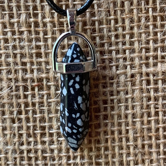 Snowflake Obsidian Crystal Healing Point Pendant Necklace Black Cord Chain 20" - Picture 1 of 8